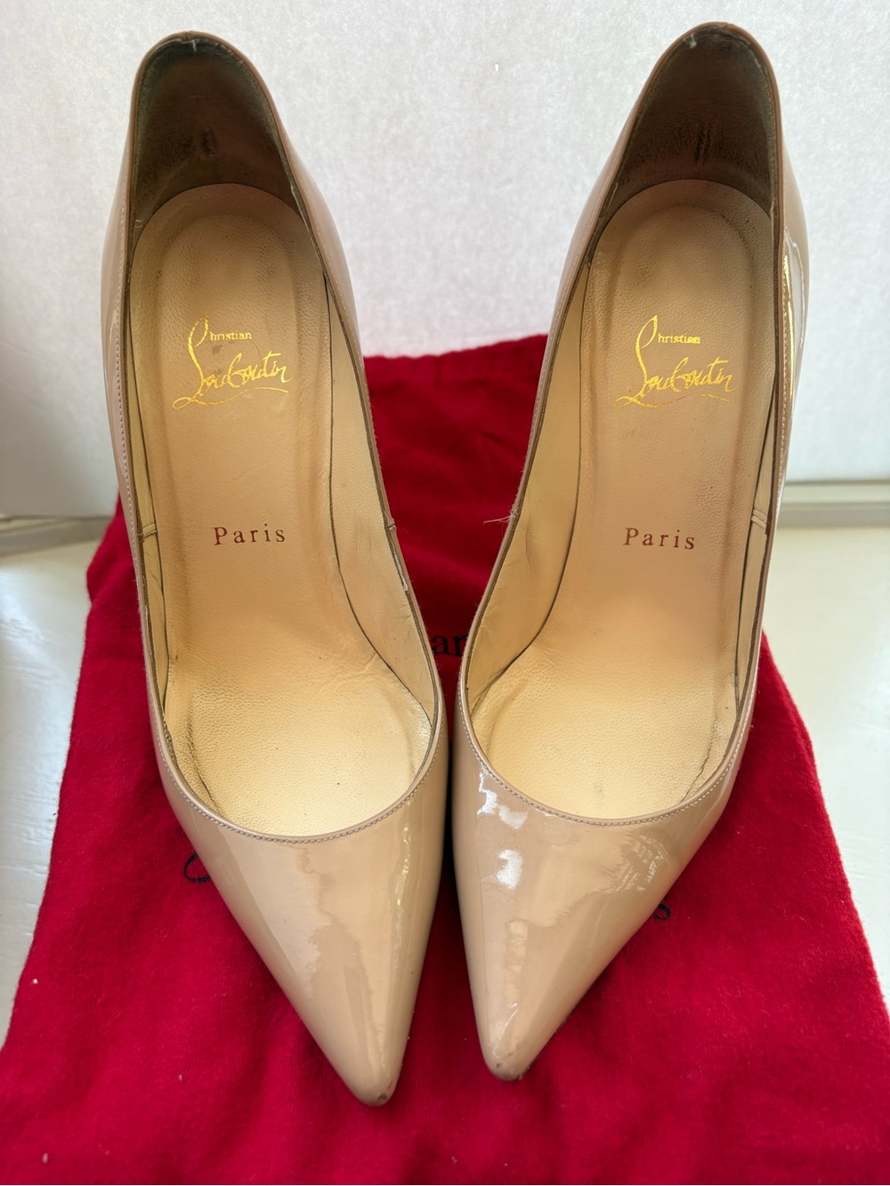 Christian Louboutin Nude Patent Leather Pointed-Toe Pumps with Red Sole